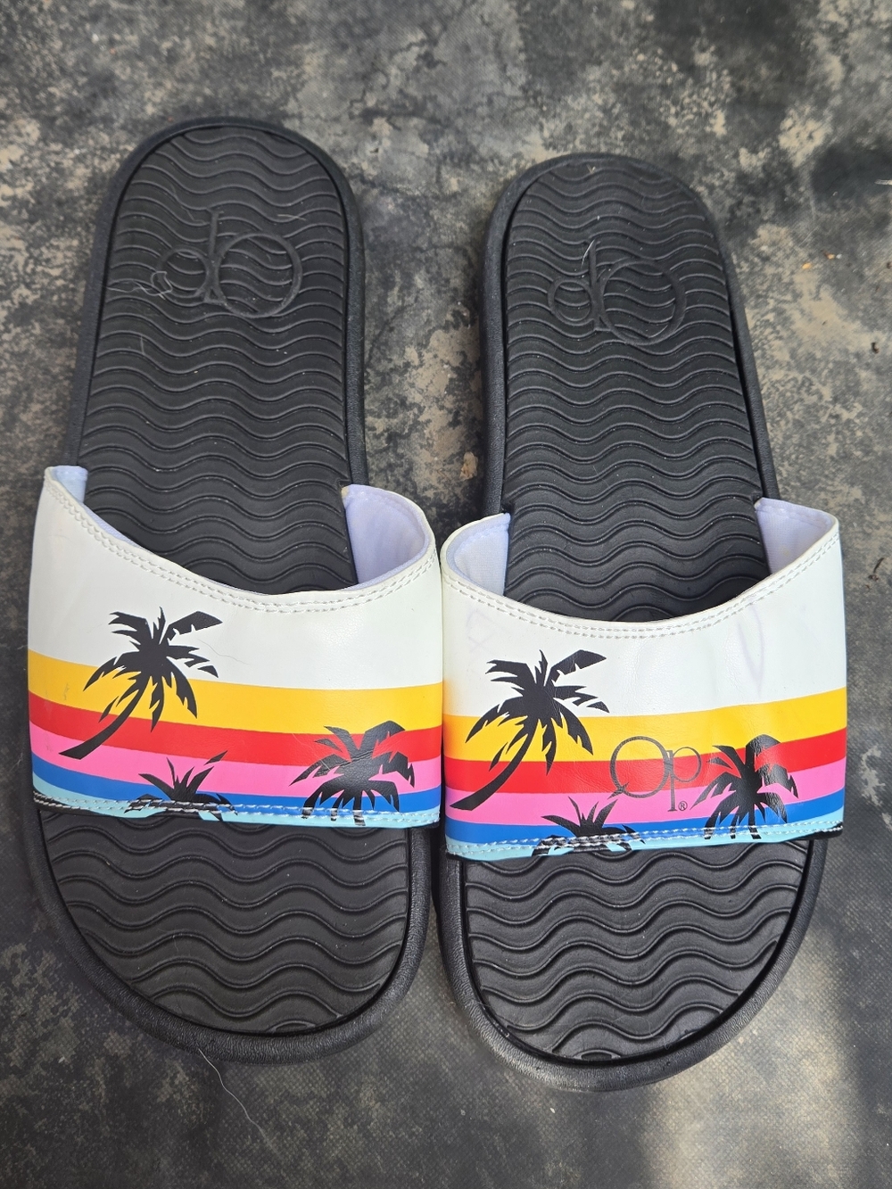 OP Ocean Pacific - Tropical Stripe Slide Sandals with Palm Print